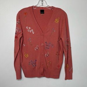 Aaeda Embroidered Floral Cardigan Sweater Medium Pink